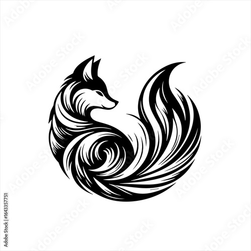 Stylized black and white fox silhouette with swirling tail