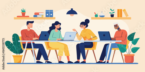 Employees working together at table on joint project, flat vector corporate teamwork and collaboration concept illustration