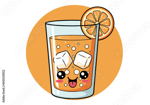 Adorable kawaii orange juice glass with a happy face, ice cubes, and a fruit slice. Cute cartoon vector illustration.