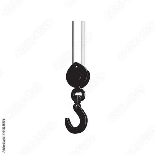 Black Silhouette of a Crane Hook with Cables and Pulley