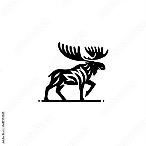 Stylized black moose with large antlers walking on a white background