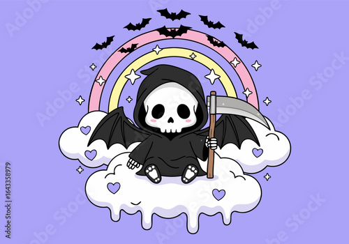 A cute kawaii grim reaper with a scythe sits on a cloud under a pastel rainbow with bats. Creepy cute vector art illustration.