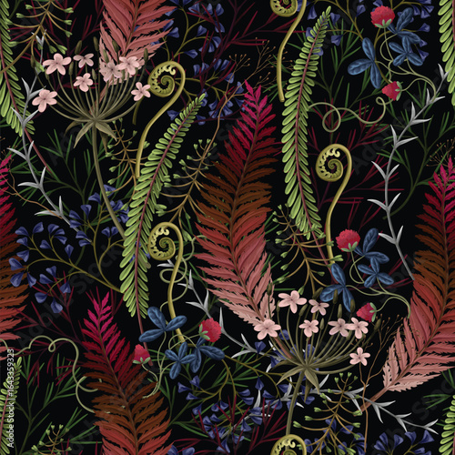 Seamless vector pattern of autumn forest plants, wild berries, clovers, herbs, ferns, and mushrooms