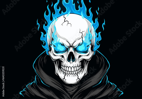 Menacing skull with glowing blue eyes and magical fire flames emerging from its head, wearing a dark hooded cloak. Vector art illustration.