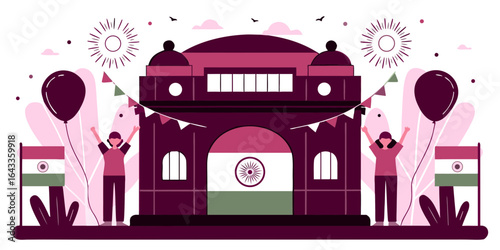 Illustration of india gate with indian flags balloons and celebrating people in a festive setting scene created with generative ai