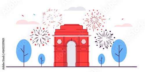 Illustration of india gate with fireworks and trees on a white background design vector created with generative ai