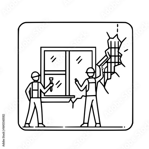 replace window - Construction workers repairing window with tools in modern style  