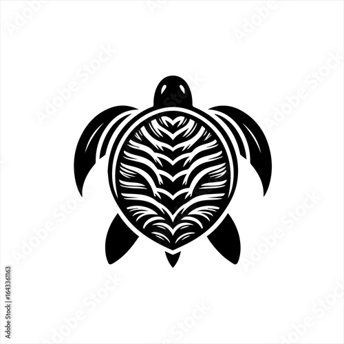 Stylized black sea turtle silhouette with intricate tribal pattern on shell