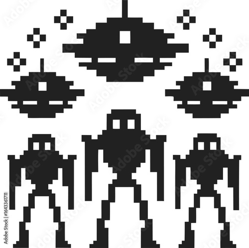 Retro pixel alien invasion with robotic characters and spaceships classic arcade game enemies, black and white digital art