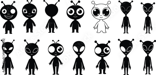 Cartoon alien character set, unique extraterrestrial designs, black and white silhouettes, varied eyes and antennae, creative pose collection, vector icons