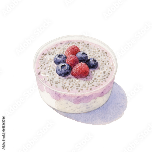 Watercolor Chia Seed Pudding with Berries: Healthy Breakfast