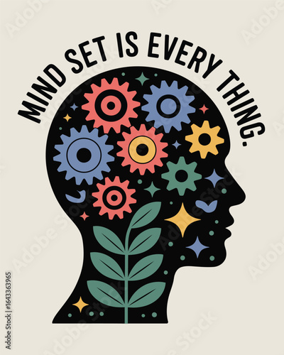 Gears and growth inside a silhouette head illustrating mindset is everything T Shirt Design
