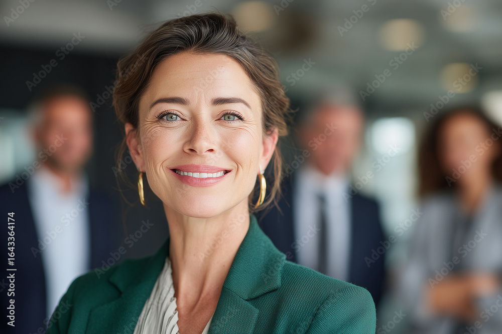 Fototapeta premium Successful businesswoman wearing a green suit jacket, in her office, with her management team in the background and out of focus