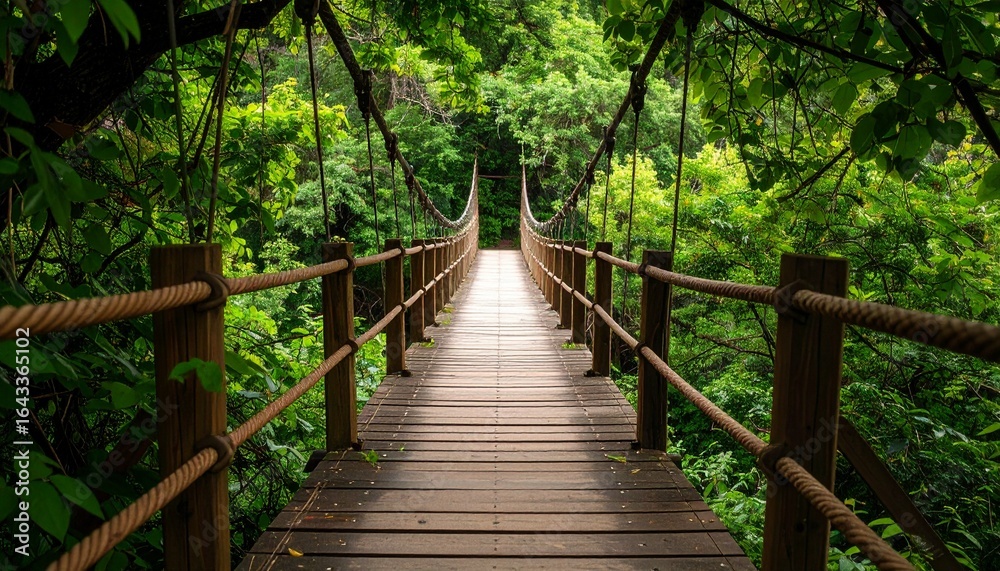 Wooden Suspension Bridge in a Lush Green Forest Wooden Suspension Bridge in a Lush Green Forest