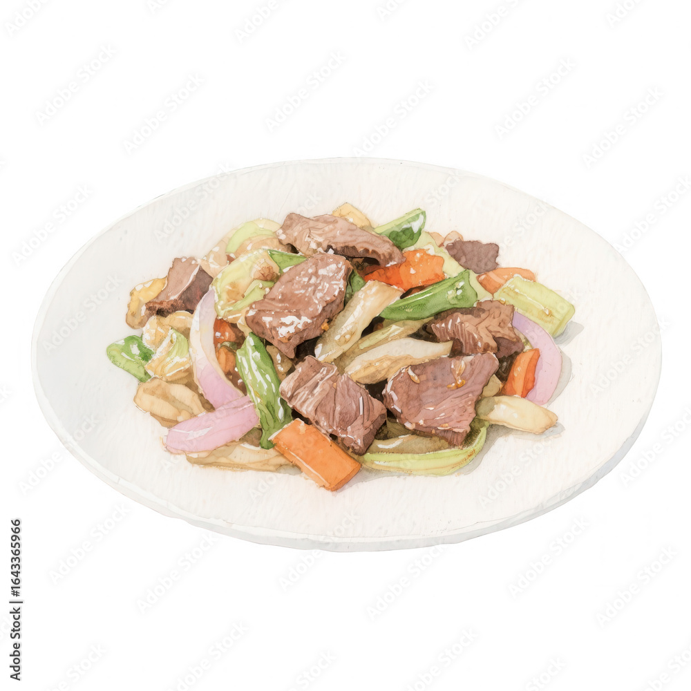Watercolor Beef Stir-Fry with Vegetables on White Plate Watercolor Beef Stir-Fry with Vegetables on White Plate