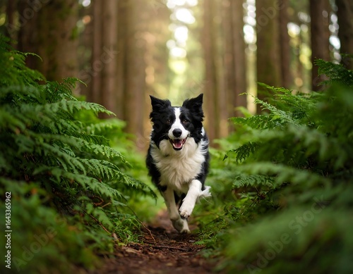 A border collie running through a lush forest