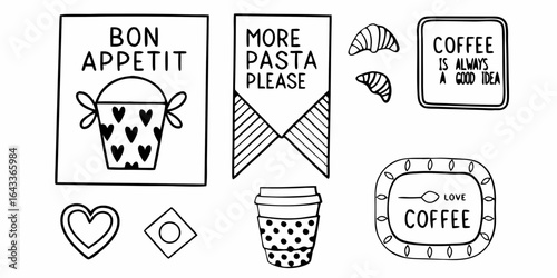 Hand drawn food and drink themed stickers with coffee croissants and bon appetit and pasta messages on transparent background
