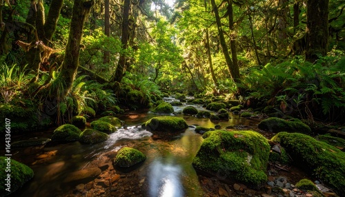 Sunlit Stream in a Lush, Mossy Rainforest