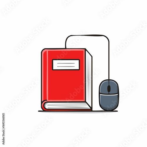 E-learning and digital library concept illustration with a book connected to a computer mouse