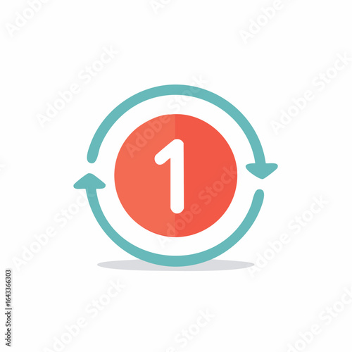 Circular Arrow Icon with Number One Inside Flat Design for Cycles and First Step