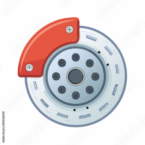 Vector Illustration of Gray Car Disc Brake with Red Caliper Automotive Part