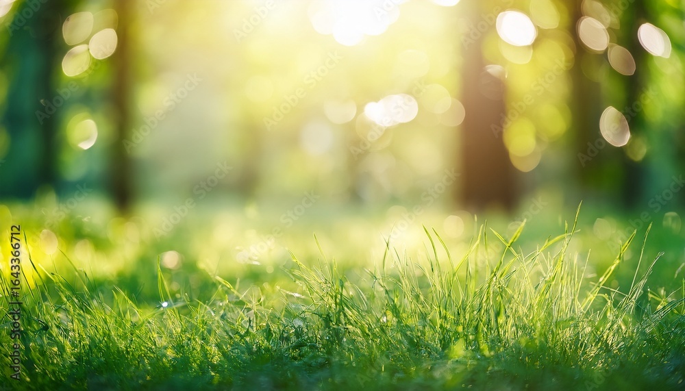 Obraz premium beautiful blurred background of spring nature on a sunny day with bokeh a green grass meadow and sunlight in the forest spring season a banner for copy space