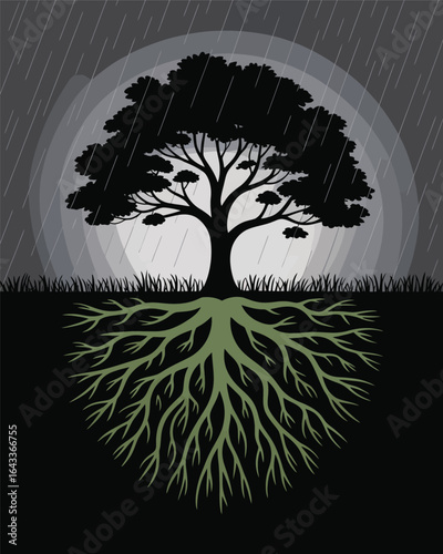 Majestic tree silhouette with intricate roots under a full moon T Shirt Design