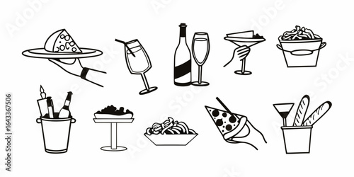 Illustration showing various food and drink items including cheese, wine, pasta, and other delicacies on transparent background