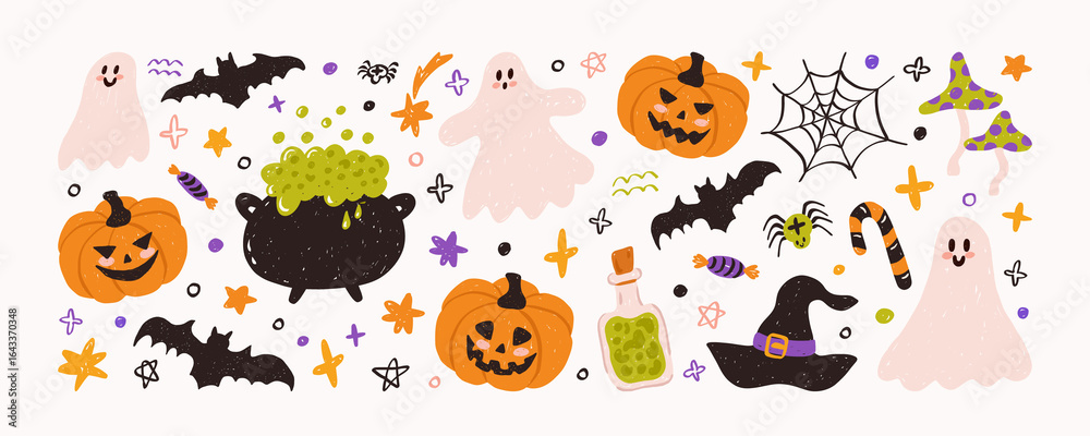 Obraz premium Hand drawn elements Halloween set. Cute and adorable vector illustrations of hat, ghost, bat, candy, funny pumpkins, witch's cauldron, spider. Perfect for greeting card, poster, stickers.