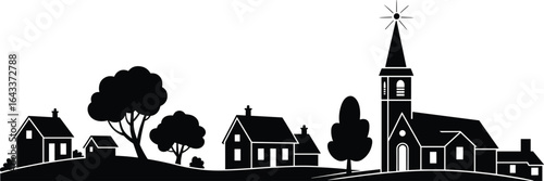 Silhouette of a Peaceful Village with Church and Trees