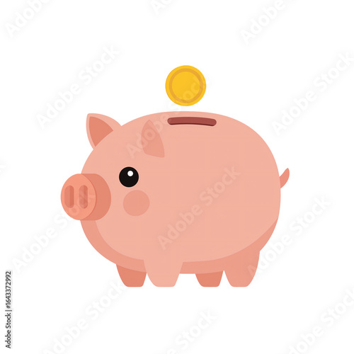 Simple vector illustration of piggy bank with coin being inserted, symbolizing savings and financial growth. This cute design evokes sense of security and prosperity