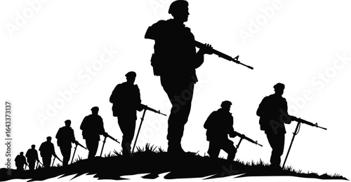 Silhouette of armed soldiers walking in line, military troops on mission, war scene illustration, army patrol vector, combat operation artwork