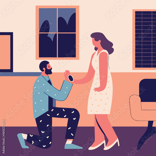 Man proposes to woman on one knee in a modern room.eps