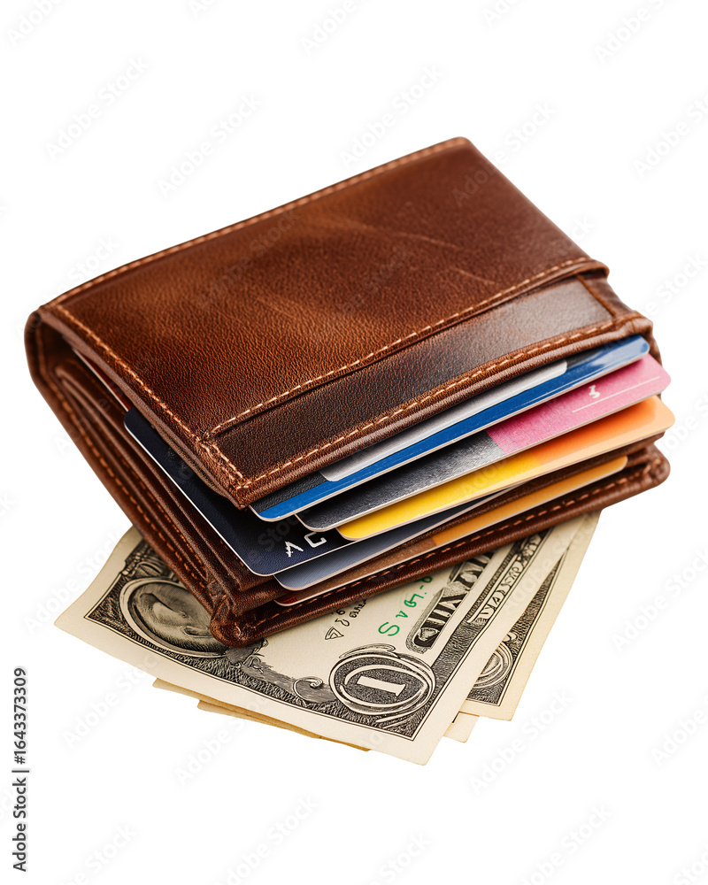Brown leather wallet with cash and credit cards visible, showcasing practical and stylish accessory for everyday use. This wallet is perfect for organizing finances and essentials Brown leather wallet with cash and credit cards visible, showcasing practical and stylish accessory for everyday use. This wallet is perfect for organizing finances and essentials