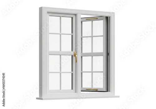 transparent wood casement window with two sashes  twelve clear glass panes  and polished brass handles  slightly ajar  isolated on a seamless transparent studio background  bright shadowless