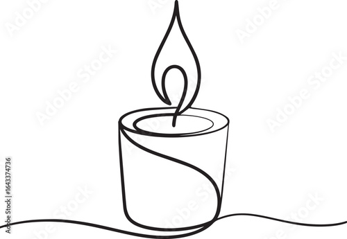 One line drawing of a candle with flame blending into a swirl, minimalist continuous single line art in black on white

