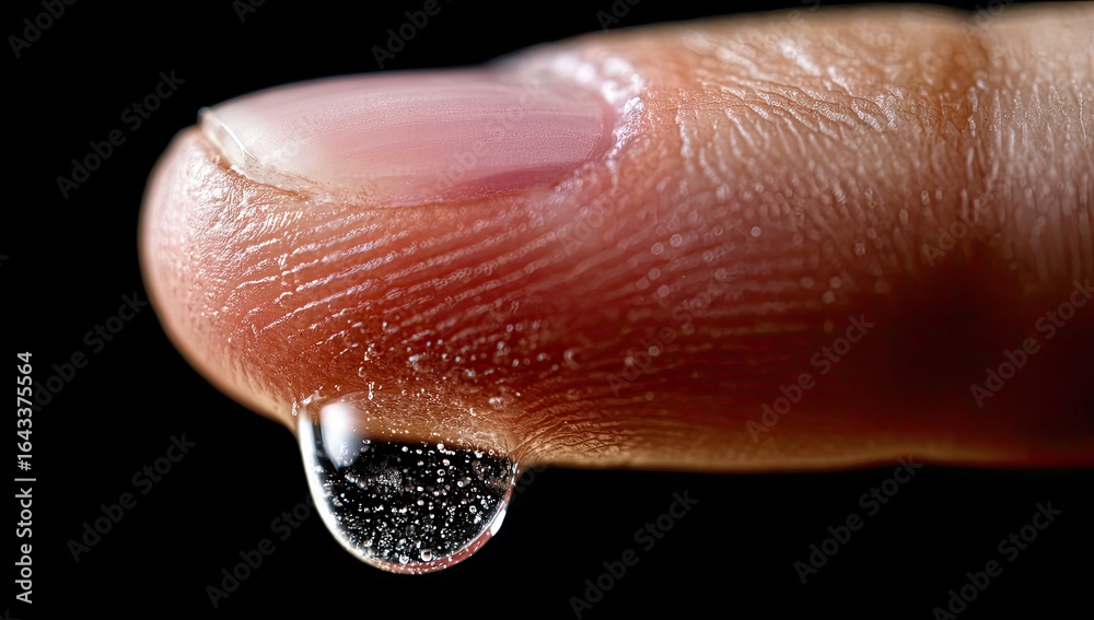 Fototapeta premium Close-up of a water droplet on a fingertip