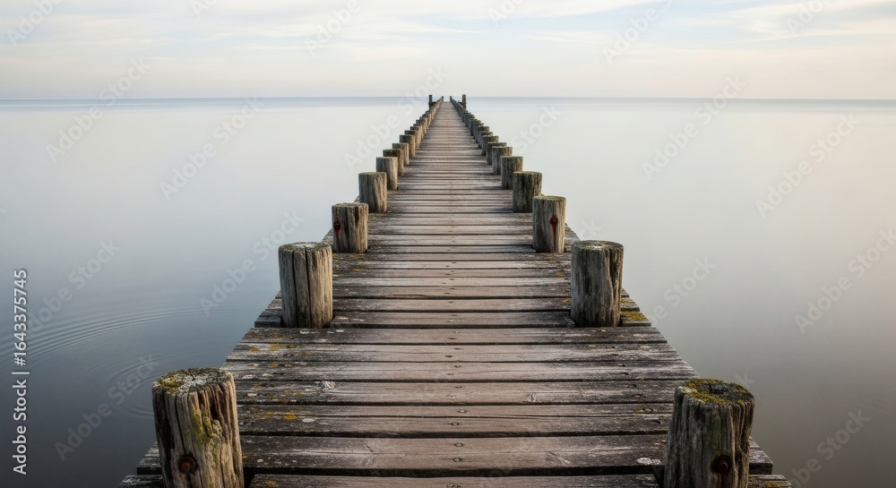 Fototapeta premium Serene Wooden Pier Extending into a Misty Lake A Path to Tranquility