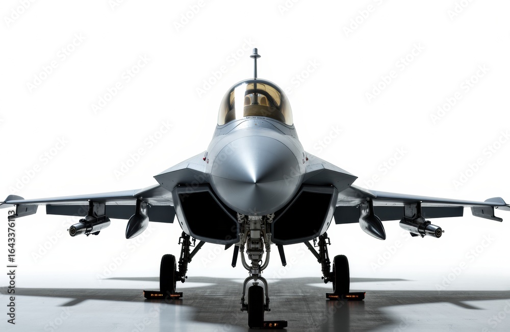 Fototapeta premium Fighter jet aircraft facing forward on a runway with shadow beneath