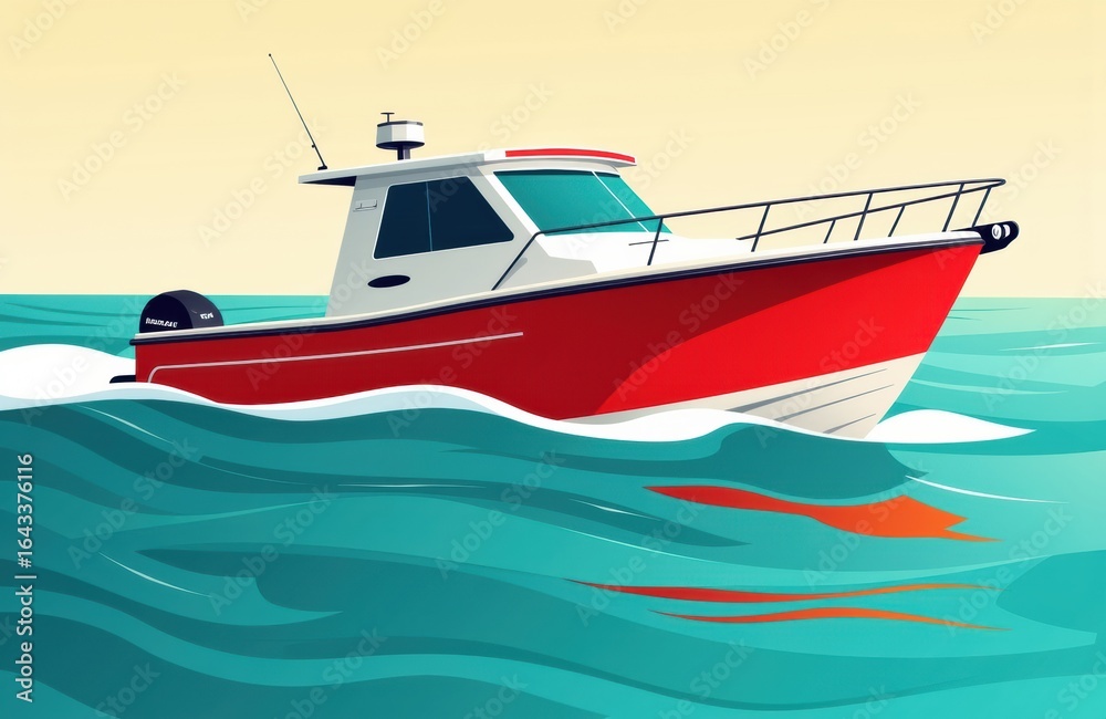 Naklejka premium A red and white motorboat speeds across the ocean with waves splashing around it