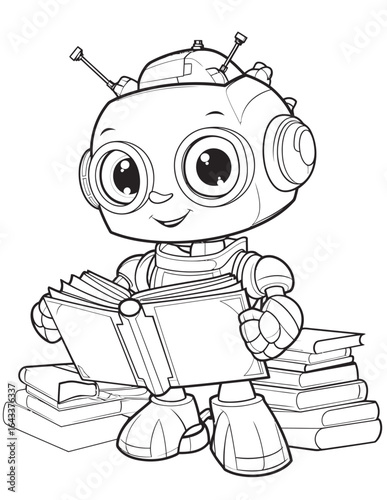 A cute, friendly robot is standing in a creative science lab filled with books, tools, and drawings Color this fun and imaginative robot lab scene