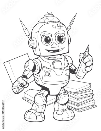 A cute, friendly robot is standing in a creative science lab filled with books, tools, and drawings Color this fun and imaginative robot lab scene