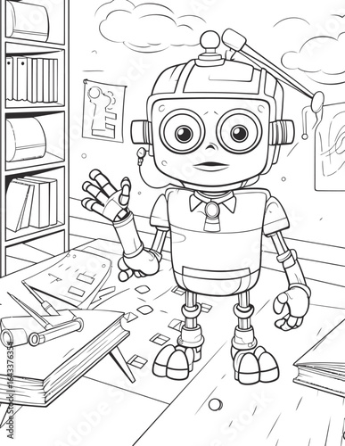 A cute, friendly robot is standing in a creative science lab filled with books, tools, and drawings Color this fun and imaginative robot lab scene
