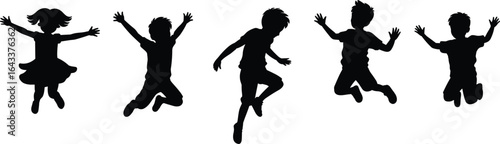 Silhouettes of children jumping with joy, playful kids in motion, energetic fun, happy childhood, black vector illustration, active kids