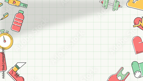 Fitness, healthy activities background, health & wellness icons border vector