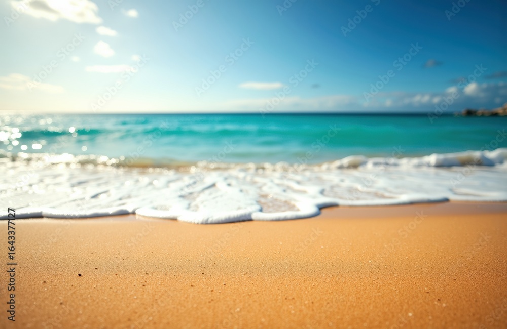 A sandy beach with gentle waves under a bright blue sky and scattered clouds A sandy beach with gentle waves under a bright blue sky and scattered clouds