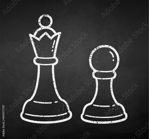 Vector illustration of chalk-drawn line art queen and pawn chess pieces. Isolated objects on blackboard background.