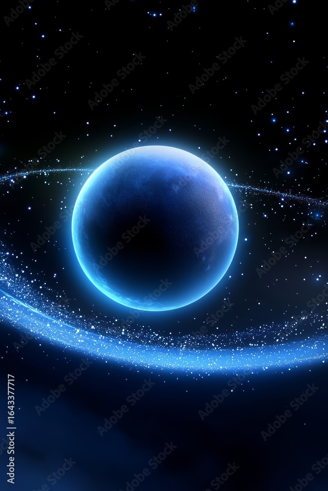 Fototapeta premium A luminous blue planet with a glowing ring set against a starry space backdrop