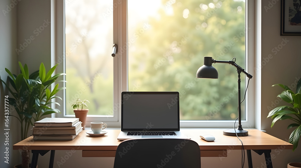 Obraz premium Bright and organized home office setup. Laptop, books, and plants on a desk near a window.