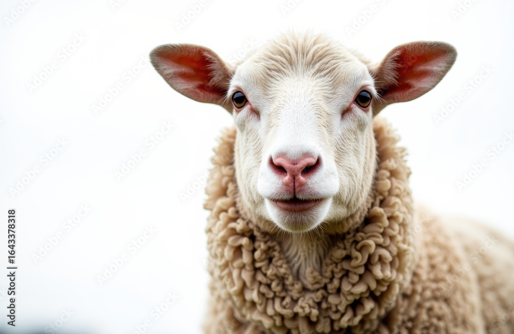 Fototapeta premium A close-up of a young sheep with a fluffy wool coat and alert ears facing forward
